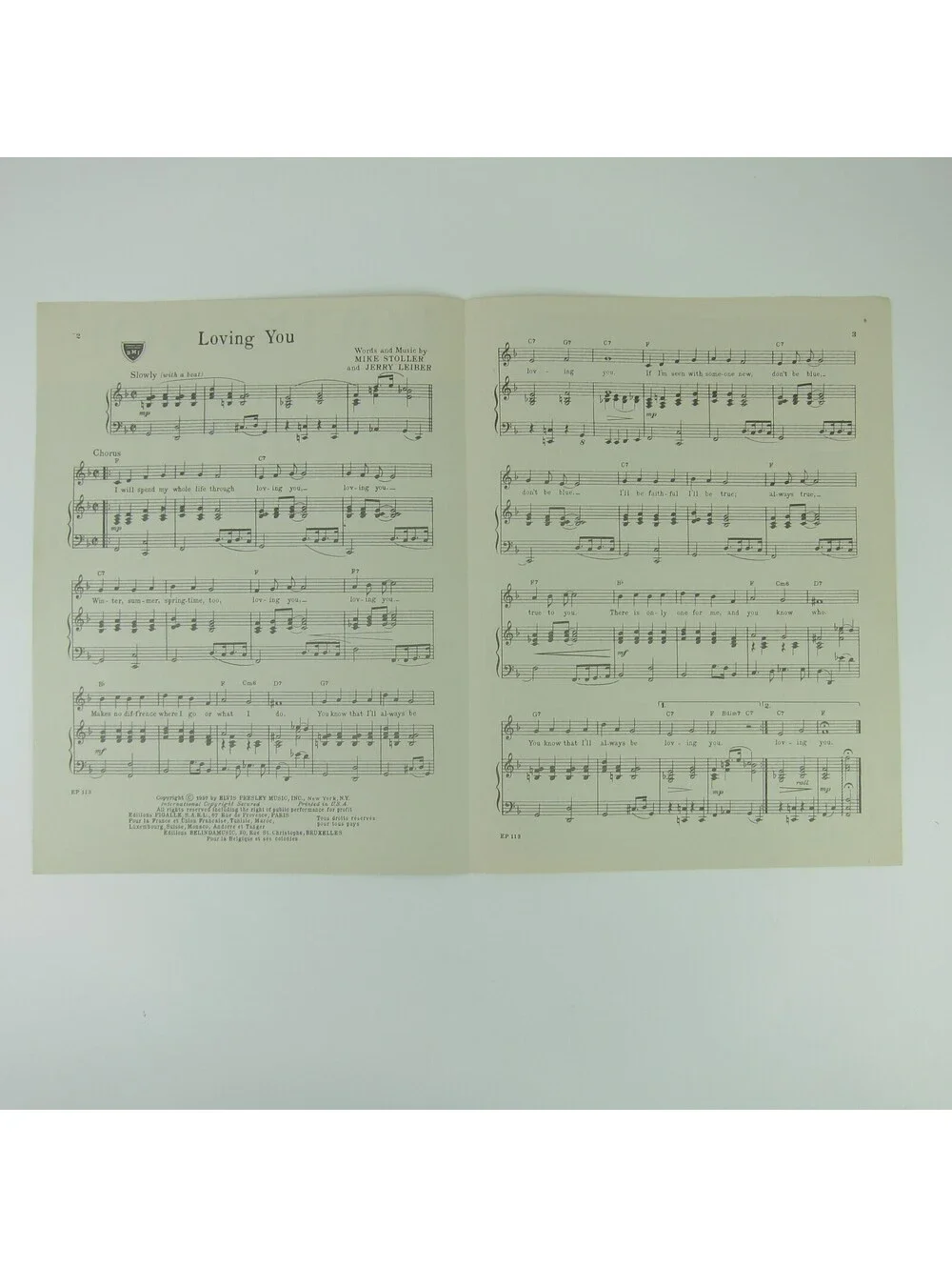 Sheet Music Loving You Elvis Presley Jerry Leiber Mike Stoller Vintage 1957